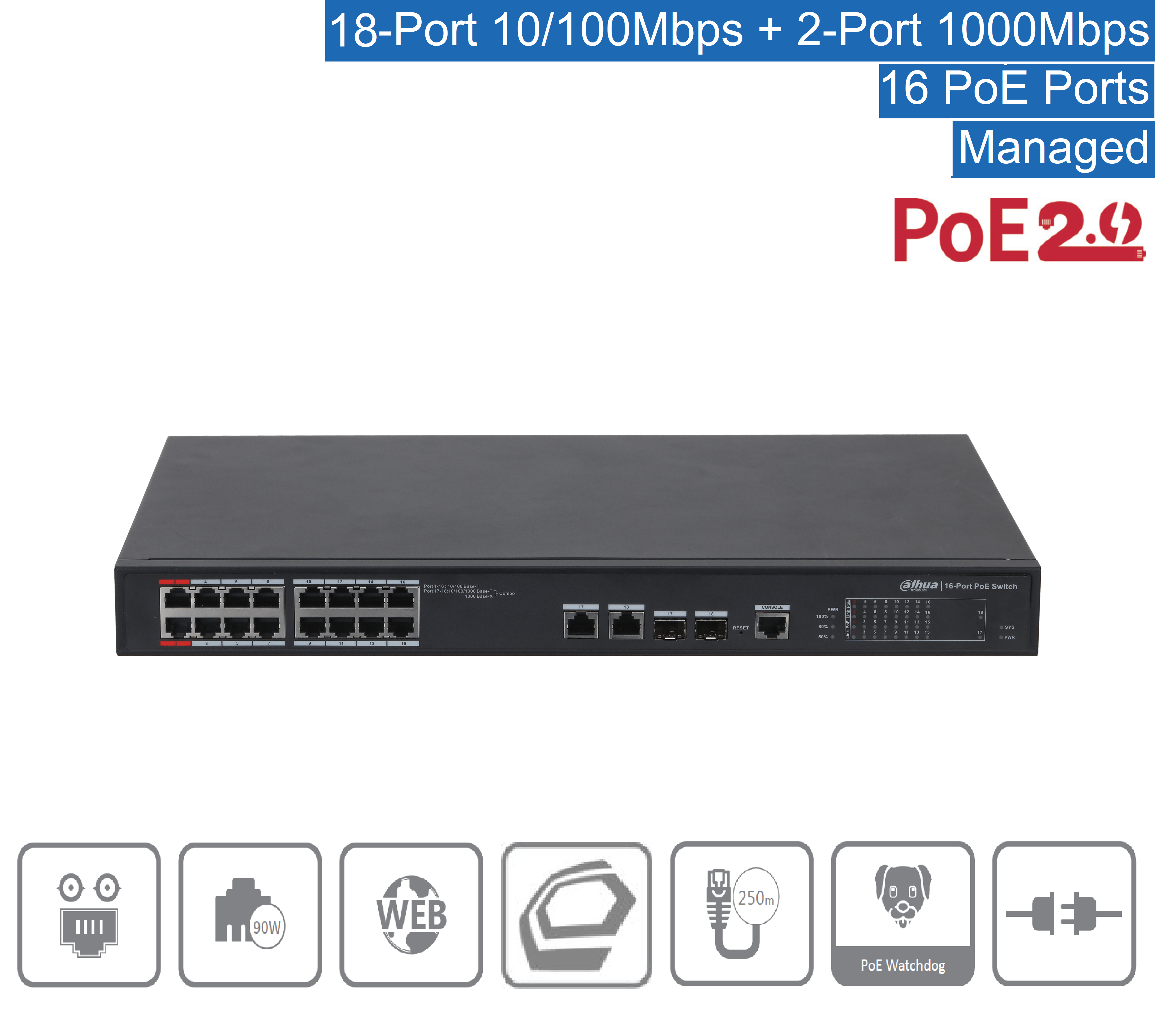 Dahua - PFS4218-16ET-240-V3 - Switch - 16 PoE