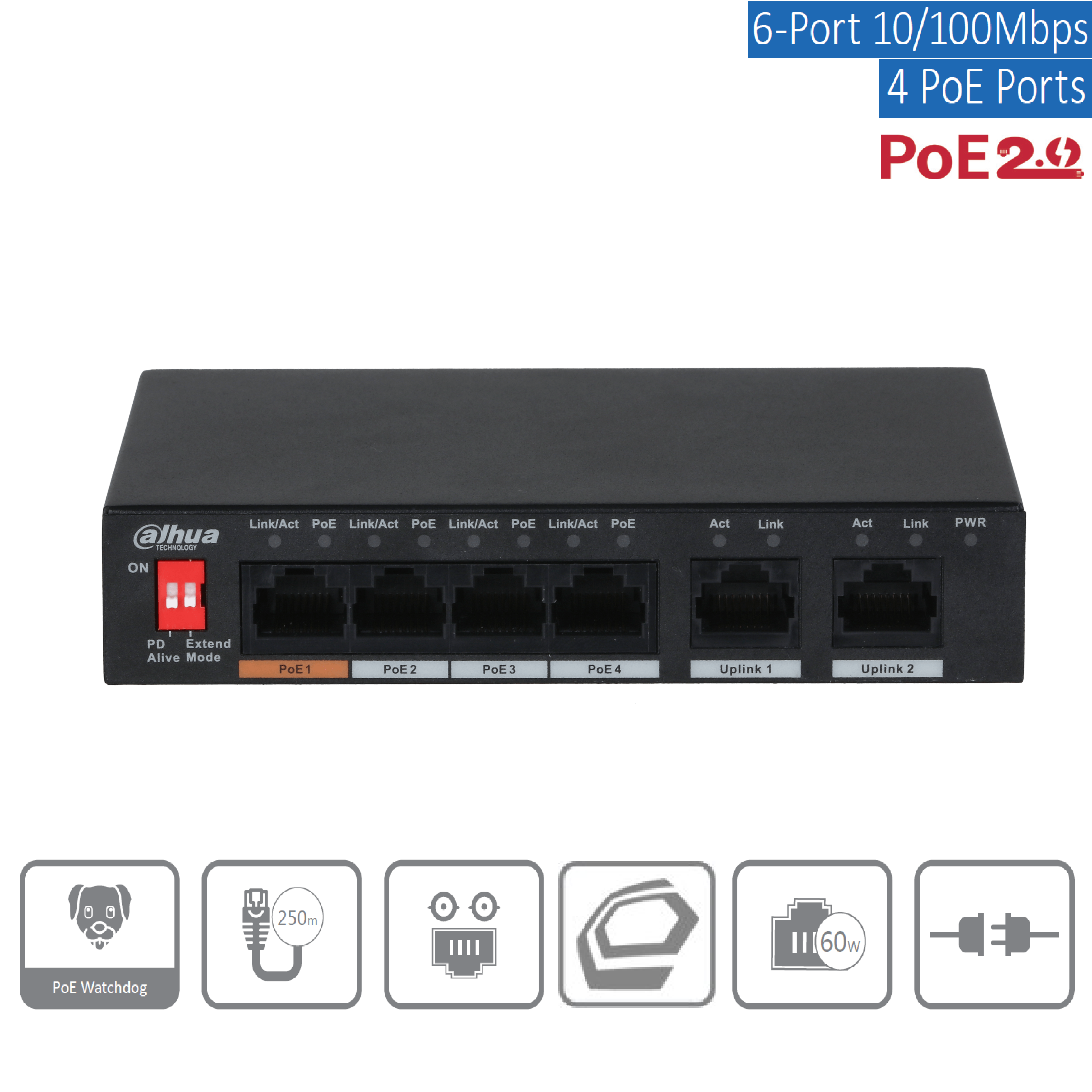 Dahua - PFS3006-4ET-60-V2 - Switch - 4 PoE