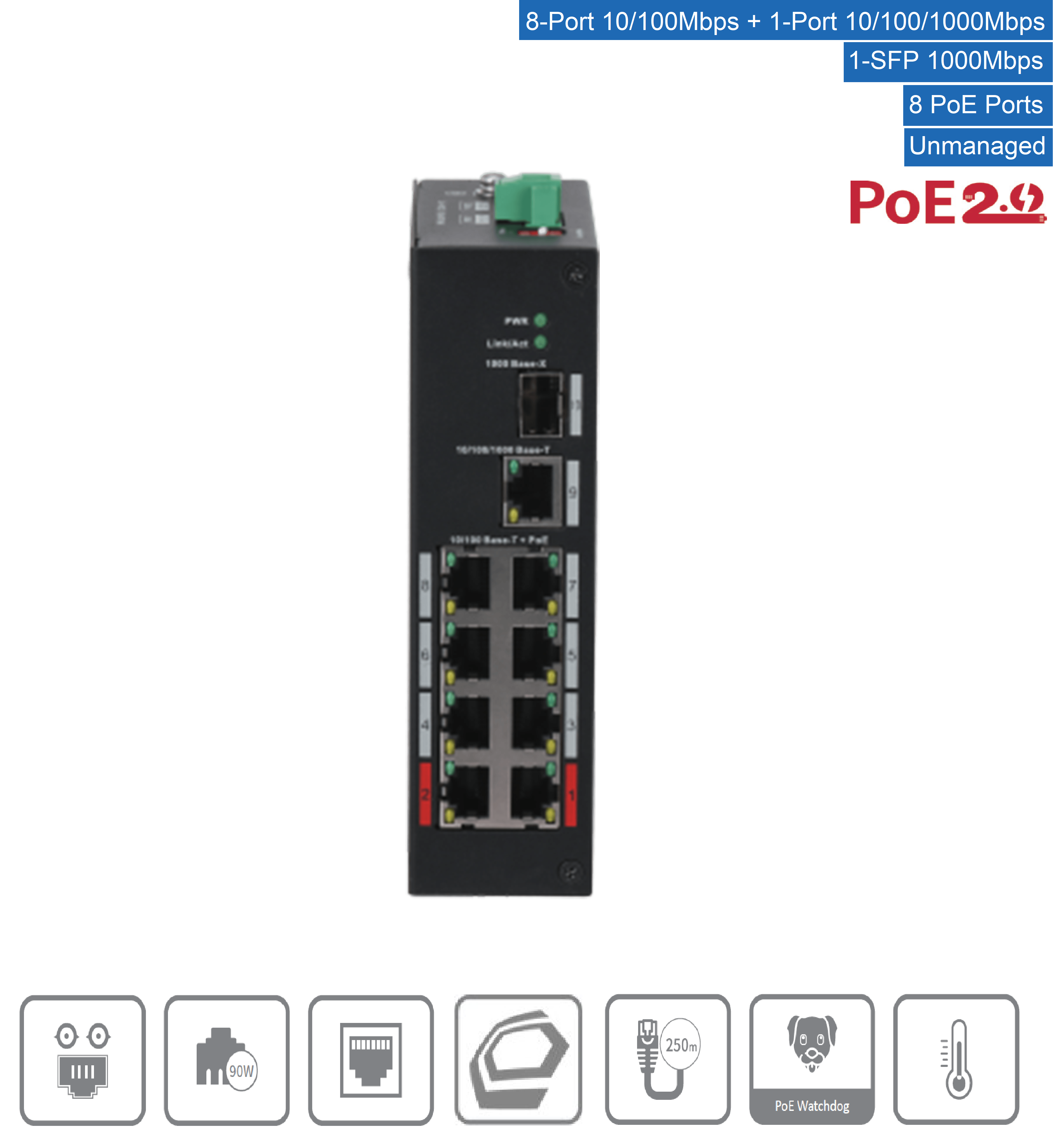 Dahua - PFS3110-8ET-96-V2 - Switch - 8 PoE - 1 SFP